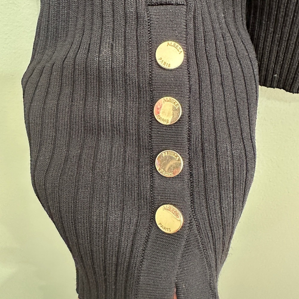 Aleeza Paris Sweater Women Medium Black Ribbed Sleeve Gold Button Cuff Crewneck - Picture 7 of 12